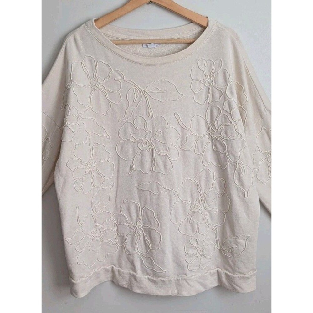 J Jill Embroidered Floral Soutache Sweatshirt 100% Cotton Pullover Cottage Top L - Picture 3 of 13